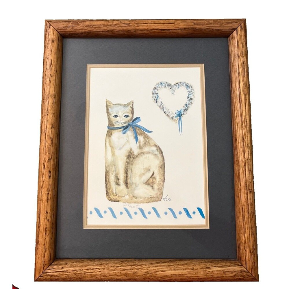 Vintage Country Folk Art Theorem Framed Painting Print of Cat Signed Teri